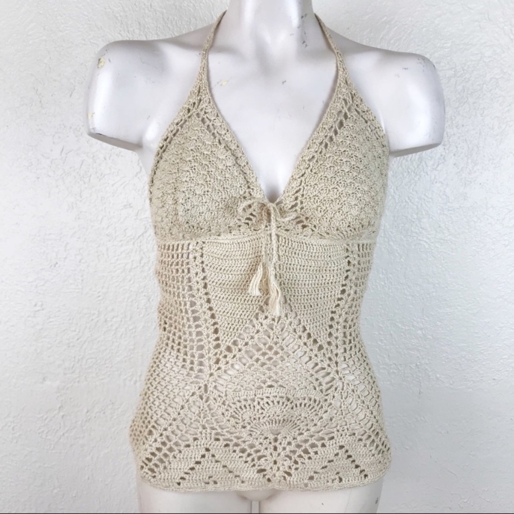 Crochet Halter Top in Cream Ralph Lauren blue label hand knit​​​